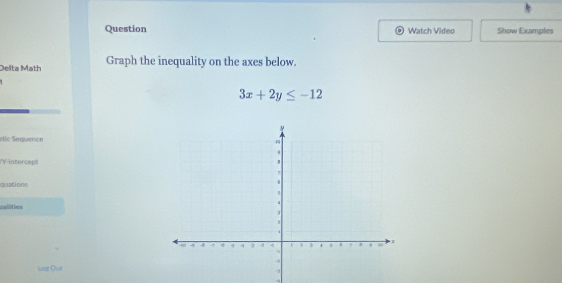 Question Watch Video Show Examples 
Delta Math 
Graph the inequality on the axes below.
3x+2y≤ -12
étic Sequence 
/Y-intercept 
quations 
ualities 
Log Out
-4