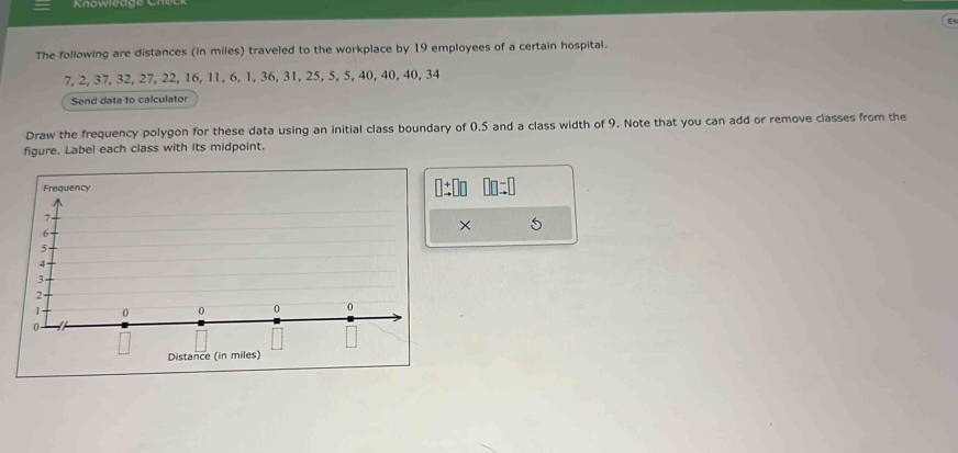 The following are distances (in miles) traveled to the workplace by 19 employees of a certain hospital.
7, 2, 37, 32, 27, 22, 16, 11, 6, 1, 36, 31, 25, 5, 5, 40, 40, 40, 34
Send data to calculator 
Draw the frequency polygon for these data using an initial class boundary of (, 5 and a class width of 9. Note that you can add or remove classes from the 
figure. Label each class with its midpoint.
□ ± □ □ □ □ =□
× 5