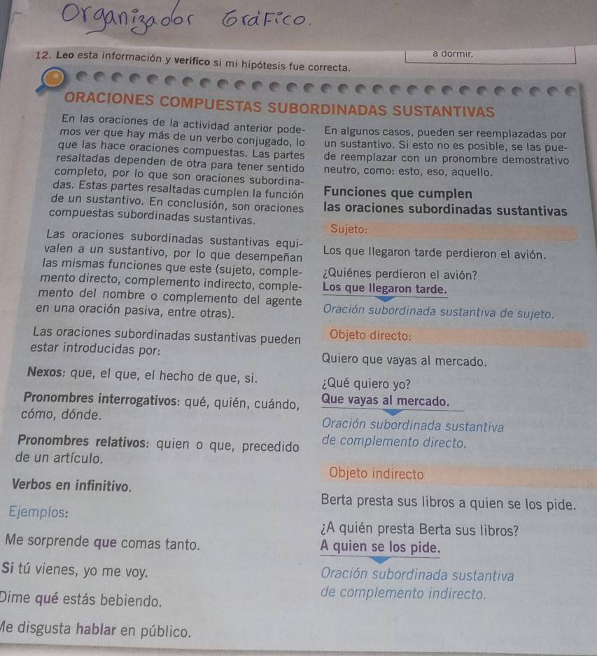 a dormir.
12. Leo esta información y verifico si mi hipótesis fue correcta.
ORACIONES COMPUESTAS SUBORDINADAS SUSTANTIVAS
En las oraciones de la actividad anterior pode- En algunos casos, pueden ser reemplazadas por
mos ver que hay más de un verbo conjugado, lo un sustantivo. Si esto no es posible, se las pue-
que las hace oraciones compuestas. Las partes de reemplazar con un pronombre demostrativo
resaltadas dependen de otra para tener sentido neutro, como: esto, eso, aquello.
completo, por lo que son oraciones subordina-
das. Estas partes resaltadas cumplen la función Funciones que cumplen
de un sustantivo. En conclusión, son oraciones las oraciones subordinadas sustantivas
compuestas subordinadas sustantivas. Sujeto:
Las oraciones subordinadas sustantivas equi-
valen a un sustantivo, por lo que desempeñan Los que llegaron tarde perdieron el avión.
las mismas funciones que este (sujeto, comple- ¿Quiénes perdieron el avión?
mento directo, complemento indirecto, comple- Los que llegaron tarde.
mento del nombre o complemento del agente Oración subordinada sustantiva de sujeto.
en una oración pasiva, entre otras).
Las oraciones subordinadas sustantivas pueden Objeto directo:
estar introducidas por: Quiero que vayas al mercado.
Nexos: que, el que, el hecho de que, si. ¿Qué quiero yo?
* Pronombres interrogativos: qué, quién, cuándo, Que vayas al mercado.
cómo, dónde. Oración subordinada sustantiva
Pronombres relativos: quien o que, precedido de complemento directo.
de un artículo.
Objeto indirecto
Verbos en infinitivo.
Berta presta sus libros a quien se los pide.
Ejemplos:
¿A quién presta Berta sus libros?
Me sorprende que comas tanto. A quien se los pide.
Si tú vienes, yo me voy. Oración subordinada sustantiva
de complemento indirecto.
Dime qué estás bebiendo.
Me disgusta hablar en público.