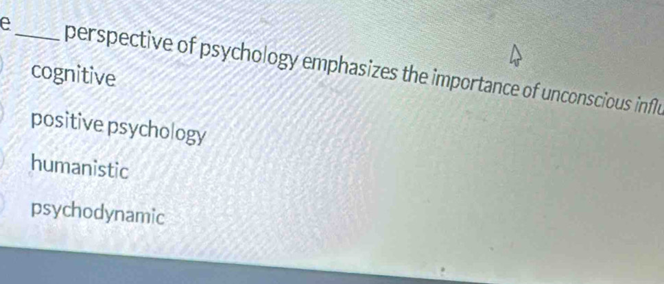 e_ perspective of psychology emphasizes the importance of unconscious infle
cognitive
positive psychology
humanistic
psychodynamic