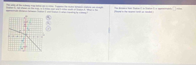 The units of the subway map below are in miles. Suppose the routes between stations are straight. 
Station G, not shown on the map, is 5 milles east and 5 miles south of Station A. What is the The distance from Station E to Station G is approximately □ miles. 
approximate distance between Station E and Sitation G when traveling by subway? (Round to the nearest tenth as needed.)