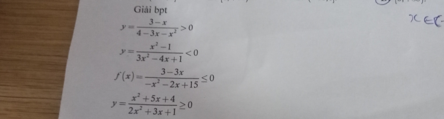 Giải bpt
y= (3-x)/4-3x-x^2 >0
y= (x^2-1)/3x^2-4x+1 <0</tex>
f(x)= (3-3x)/-x^2-2x+15 ≤ 0
y= (x^2+5x+4)/2x^2+3x+1 ≥ 0