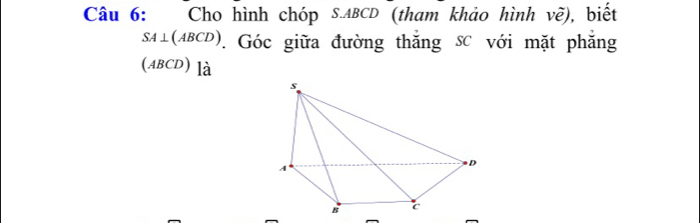 Cho hình chóp S. ABCD (tham khảo hình về), biết
SA⊥ (ABCD). Góc giữa đường thắng sc với mặt phắng 
(ABCD) là