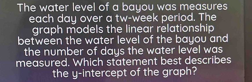 The water level of a bayou was measures 
each day over a tw-week period. The 
graph models the linear relationship 
between the water level of the bayou and 
the number of days the water level was 
measured. Which statement best describes 
the y-intercept of the graph?