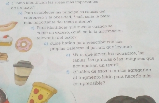 ¿Cómo identifican las ideas más importantes 
de un texto? 
b) Para establecer las principales causas del 
sobrepeso y la obesidad, ¿cuál sería la parte 
más importante del texto anterior? 
c) Para identificar qué sucede cuando se 
come en exceso, ¿cuál sería la información 
relevante del texto? 
d) ¿Qué harían para reescribir con sus 
propias palabras el párrafo que leyeron? 
e) ¿Para qué sirven los recuadros, las 
tablas, las gráficas o las imágenes que 
acompañan un texto? 
f) ¿Cuáles de esos recursos agregarían 
al fragmento leído para hacerlo más 
comprensible?