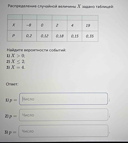 Pаспределение случайной величины Χ задано таблицей: 
Ηайдиτе верояτносτи собыτий: 
1) X>0
2) X≤ 2;
3) X=4. 
Otbet: 
1) p= ├исло 
; 
число 
2) p=; 
3) p= число