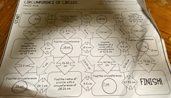 CIRCUMFERENCE OF CIRCLES N 
_ 
MAZE #1b thme_