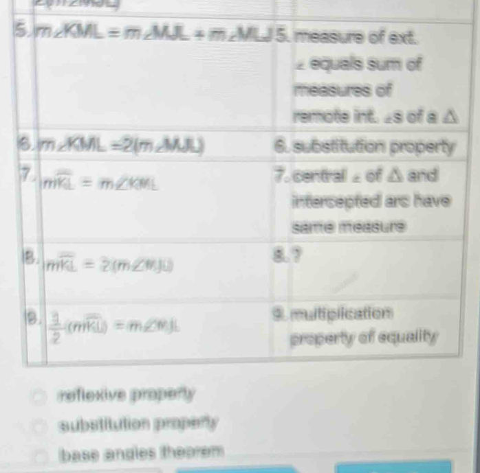 5
6
substitution properly
base angles theorem