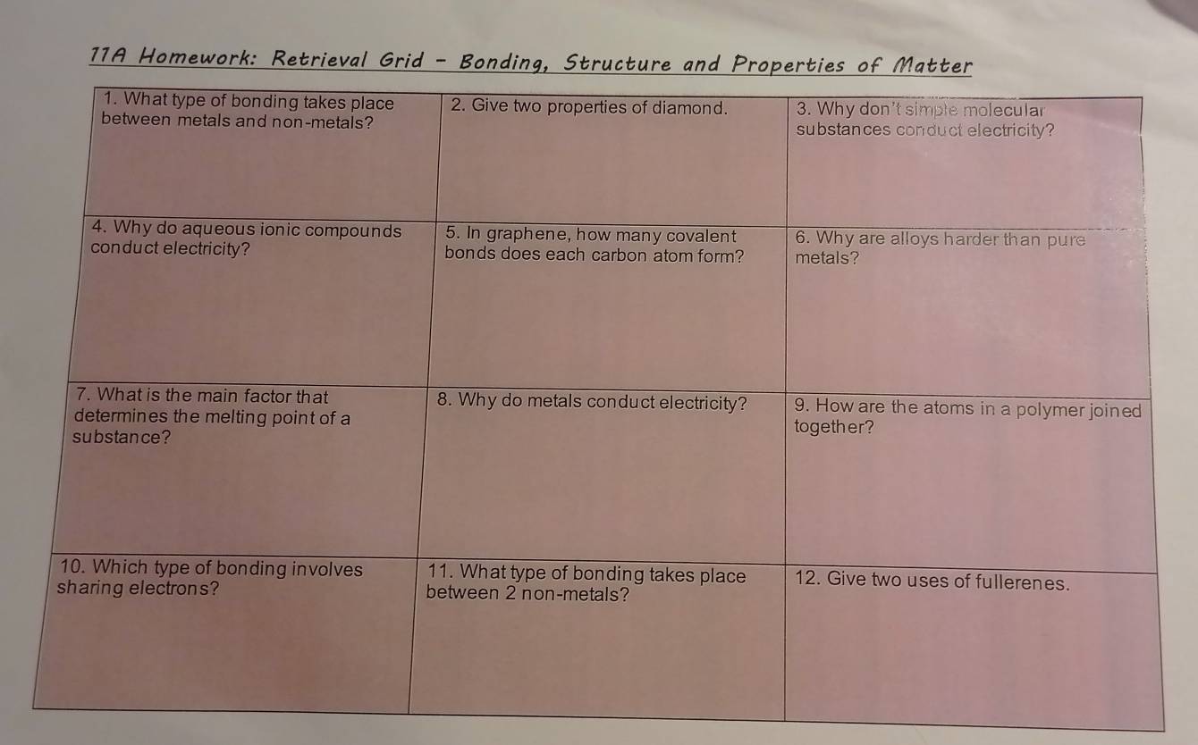 11A Homework: Retrieval Grid - Bonding, Struct