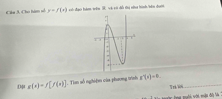 Cho hàm số y=f(x) có đạo hàm trên R và có đồ thị như hình bên dưới 
Đặt g(x)=f[f(x)]. Tìm số nghiệm của phương trình g'(x)=0. _ 
Trả lời 
, l tước ộng nuôi với mật độ là 2