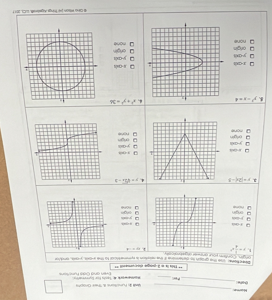 Name:_
_
Date: Unit 2: Functions & Their Graphs
Per: _Homework 4: Tests for Symmetry;
Even and Odd Functions
** This is a 2 -page document! **
Directions: Use the graph to determine if the relation is symmetrical to the x-axis, y-axis, and/or
origin. Confirm your answer algebraically.
1. y= 1/4 x^3
2. xy=-4
x-axisx-axis
y -cxisy-axis
originorigin
nonenone
3. y=|2x|-5 4. y=sqrt[3](2x)-3
x-axis x-axis
y-axis y-axis
origin
origin
none
none
5. y^2-x=4
6. x^2+y^2=36
,x-axis x-axis
y-axis y-axis
origin origin
nonenone
@ Gina Wilson (All Things Algebra@, LLC), 2017