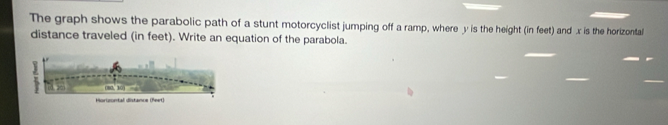 The graph shows the parabolic path of a stunt motorcyclist jumping off a ramp, where y is the height (in feet) and x is the horizontal 
distance traveled (in feet). Write an equation of the parabola.