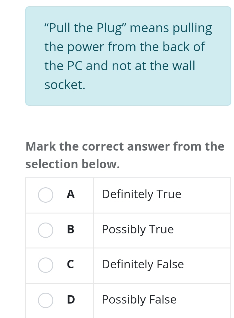 “Pull the Plug” means pulling 
the power from the back of 
the PC and not at the wall 
socket. 
Mark the correct answer from the 
selection below.