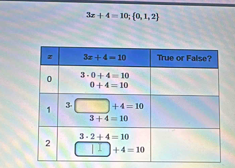 3x+4=10; 0,1,2