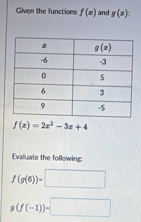 Given the functions f(x) and g(x)
f(x)=2x^2-3x+4
Evaluate the following:
f(g(6))=□
g(f(-1))=□