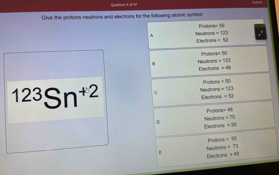 Solved: Submit Give the protons neutrons and electrons for the ...