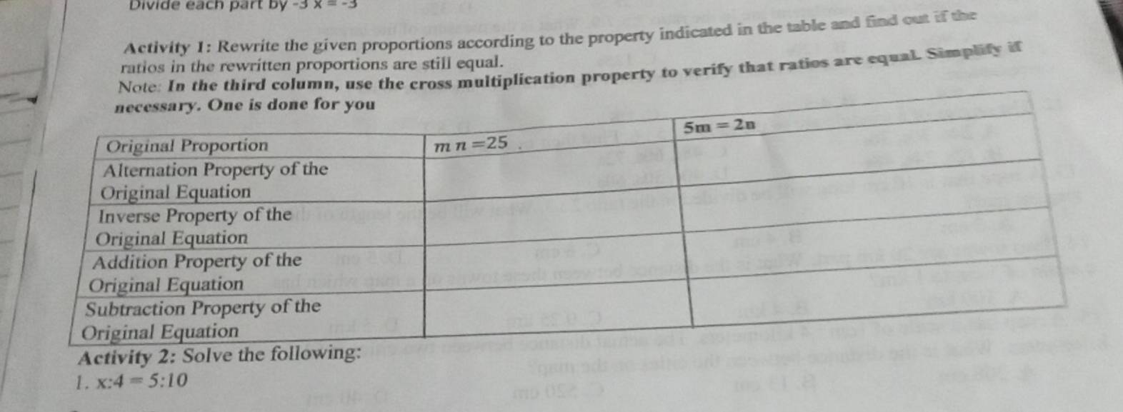 Divide each part by -3x=-3
Activity 1: Rewrite the given proportions according to the property indicated in the table and find out if the
ratios in the rewritten proportions are still equal.
Note: In the third column, use the cross multiplication property to verify that ratios are equal. Simplify if
Activity 
1. x:4=5:10