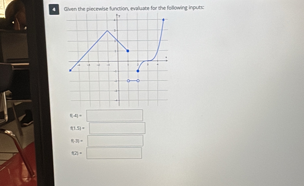 Given the piecewise function, evaluate for the following inputs:
f(-4)=□
f(1.5)=□
f(-3)=□
f(2)=□