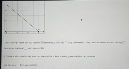 The x -intercept shows that you can buy boxed 3 short-sleeve shirts and □ long-sleeve shirts. The y -intercept shows that you can buy 25
long-sleeve shirts and □ short-sleeve shirts. 
b. Twelve students decide they want short-sleeved shirts. How many long-sleeved shirts can you order 
You can order □ km g-sleeved shirts