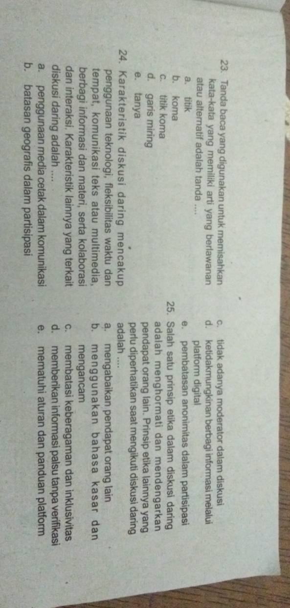 Tanda baca yang digunakan untuk memisahkan c. tidak adanya moderator dalam diskusi
kata-kata yang memiliki arti yang berlawanan d. ketidakmungkinan berbagi informasi melalui
atau alternatif adalah tanda ....
platform digital
a. titik e. pembatasan anonimítas dalam partisipasi
b. koma
25. Salah satu prinsip etika dalam diskusi daring
c. titik koma
adalah menghormati dan mendengarkan
d. garis miring
pendapat orang lain. Prinsip etika lainnya yang
e. tanya perlu diperhatikan saat mengikuti diskusi daring
24. Karakteristik diskusi daring mencakup adalah ....
penggunaan teknologi, fleksibilitas waktu dan a. mengabaikan pendapat orang lain
tempat, komunikasi teks atau multimedia, b. menggunakan bahasa kasar dan
berbagi informasi dan materi, serta kolaborasi mengancam
dan interaksi. Karakteristik lainnya yang terkait c. membatasi keberagaman dan inklusivitas
diskusi daring adalah .... d. memberikan informasi palsu tanpa verifikasi
a. penggunaan media cetak dalam komunikasi e. mematuhi aturan dan panduan platform
b. batasan geografis dalam partisipasi