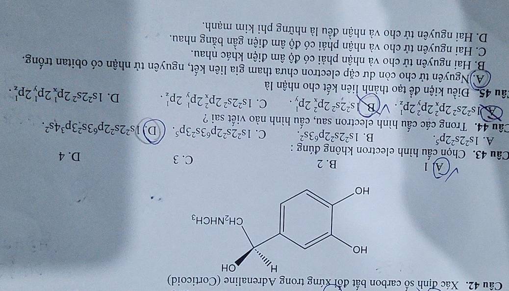 Xác định số carbon bất đổi xứng trong Adrenaline (Corticoid)
A 1 B. 2 C. 3 D. 4
Câu 43. Chọn cấu hình electron không đúng :
A. 1s^22s^22p^5. B. 1s^22s^22p^63s^2. C. 1s^22s^22p^63s^23p^5. D. 1s^22s^22p^63s^23p^34s^2.
Câu 44. Trong các cấu hình electron sau, cấu hình nào viết sai ?
A 1s^22s^22p_x^(22p_y^22p_z^1. V B |s^2)2s^22p_x^(22p_y^1. C. 1s^2)2s^22p_x^(22p_y^12p_z^1. D. 1s^2)2s^22p_x^12p_y^12p_z^1.
Cầu 45. Điều kiện để tạo thành liên kết cho nhận là
A Nguyên tử cho còn dư cặp electron chưa tham gia liên kết, nguyên tử nhận có obitan trống.
B. Hai nguyên tử cho và nhận phải có độ âm điện khác nhau.
C. Hai nguyên tử cho và nhận phải có độ âm điện gần bằng nhau.
D. Hai nguyên tử cho và nhận đều là những phi kim mạnh.