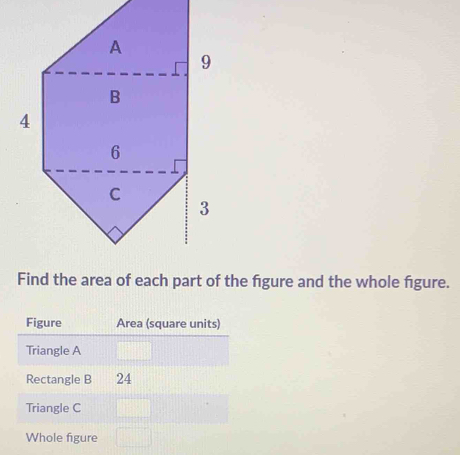 Find the area of each part of the figure and the whole figure.