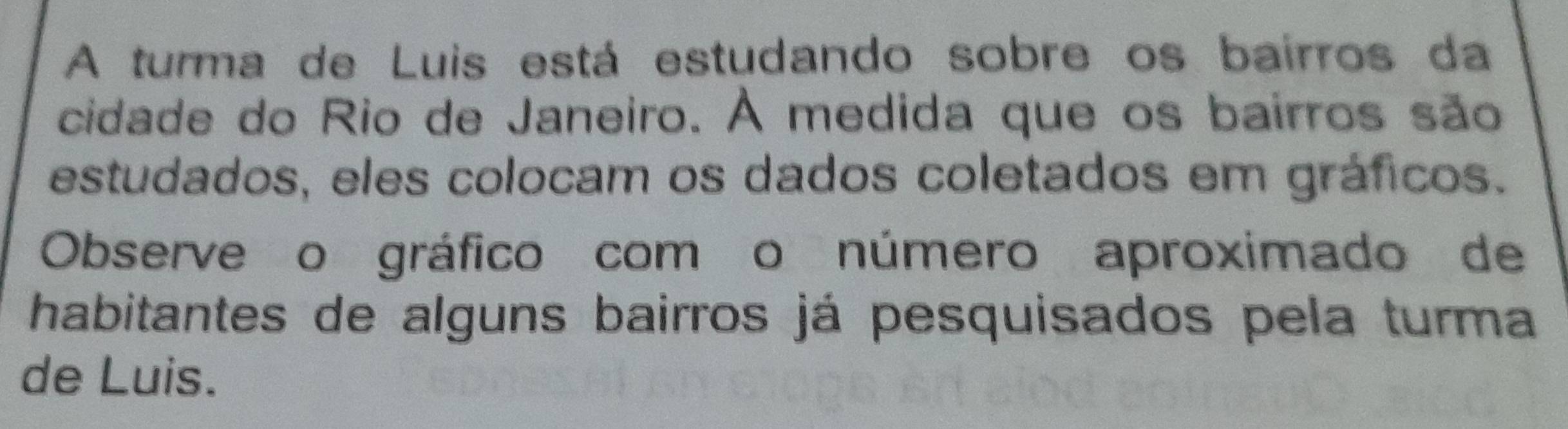 A turma de Luis está estudando sobre os bairros da 
cidade do Rio de Janeiro. À medida que os bairros são 
estudados, eles colocam os dados coletados em gráficos. 
Observe o gráfico com o número aproximado de 
habitantes de alguns bairros já pesquisados pela turma 
de Luis.