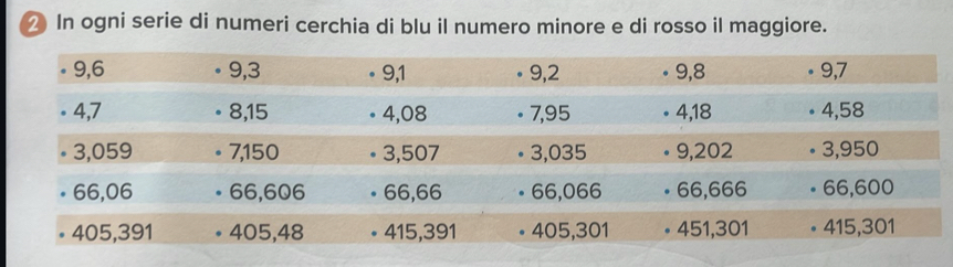 In ogni serie di numeri cerchia di blu il numero minore e di rosso il maggiore.