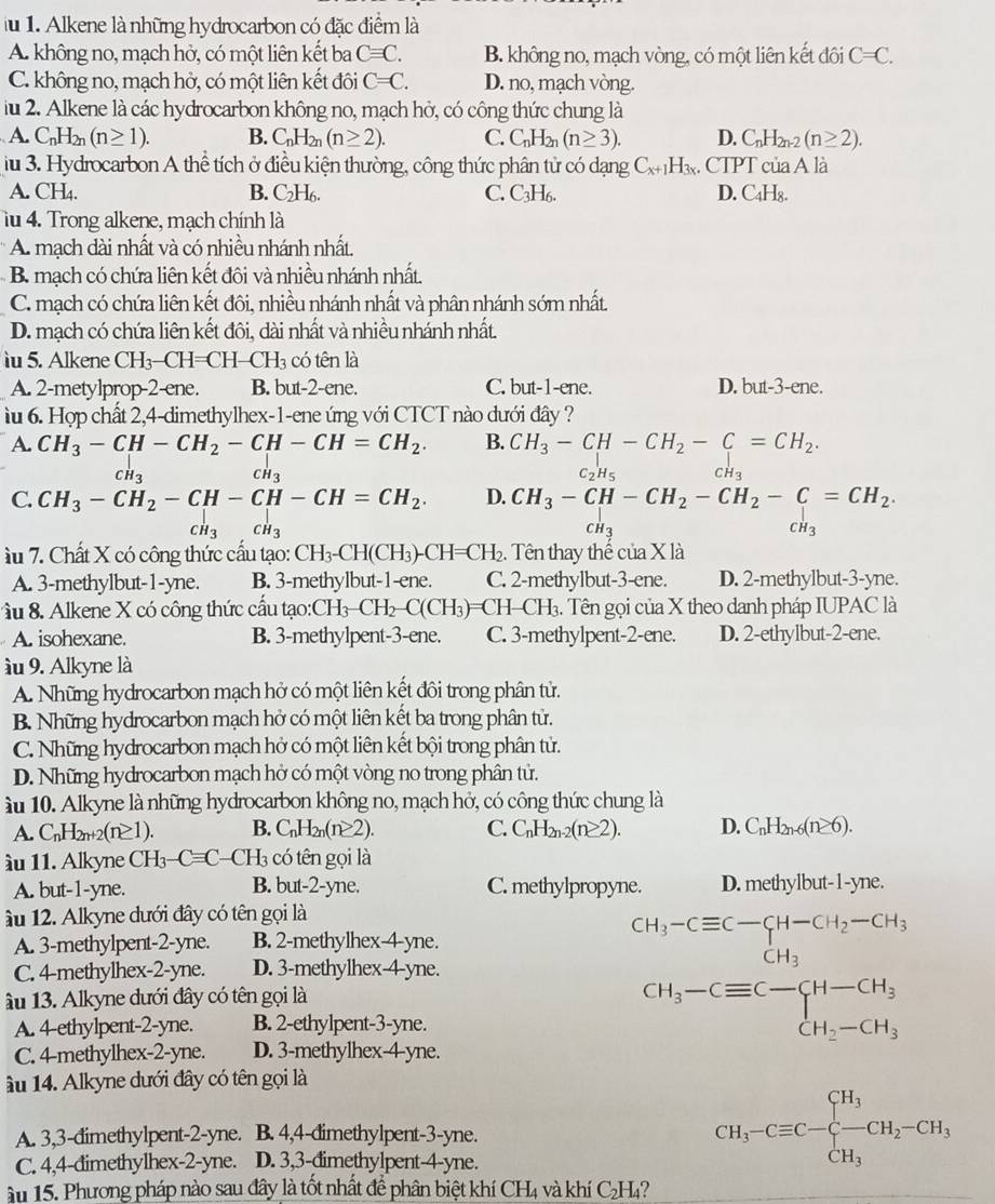 lu 1. Alkene là những hydrocarbon có đặc điểm là
A. không no, mạch hở, có một liên kết ba Cequiv C. B. không no, mạch vòng, có một liên kết đôi C=C.
C. không no, mạch hở, có một liên kết đôi C=C. D. no, mạch vòng.
iu 2. Alkene là các hydrocarbon không no, mạch hở, có công thức chung là
A. C_nH_2n(n≥ 1). B. C_nH_2n (n≥ 2). C. C_nH_2n(n≥ 3). D. C_nH_2n-2(n≥ 2).
iu 3. Hydrocarbon A thể tích ở điều kiện thường, công thức phân tử có dạng C_x+1H_3x. CTPT của A là
A. CH₄. B. C₂H₆. C. C_3H_6. D. C_4H
Tu 4. Trong alkene, mạch chính là
* A. mạch dài nhất và có nhiều nhánh nhất.
B. mạch có chứa liên kết đôi và nhiều nhánh nhất.
C. mạch có chứa liên kết đôi, nhiều nhánh nhất và phân nhánh sớm nhất.
D. mạch có chứa liên kết đôi, dài nhất và nhiều nhánh nhất.
u 5. Alkene CH_3-CH=CH-CH_3 có tên là
A. 2-metylprop-2-ene. B. but-2-ene. C. but-1-ene. D. but-3-ene.
u 6. Hợp chất 2,4-dimethylhex-1-ene ứng với CTCT nào dưới đây ?
A. CH_3-CH-CH_2-CH-CH=CH_2. B. CH_3-CH-CH_2-C=CH_2.
CH_3 CH3
C_2H_5 CH_3
C. CH_3-CH_2-CH-CH-CH=CH_2. D. CH_3-CH-CH_2-CH_2-C=CH_2.
CH_3CH_3
CH_3 CH_3
ầu 7. Chất X có công thức cấu tạo: CH_3-CH(CH_3)-CH=CH_2. Tên thay thế của X là
A. 3-methylbut-1-yne. B. 3-methylbut-1-ene. C. 2-methylbut-3-ene. D. 2-methylbut-3-yne.
Âu 8. Alkene X có công thức cấu tao:CH_3-CH_2-C(CH_3)=CH-CH_3. 4. Tên gọi của X theo danh pháp IUPAC là
A. isohexane. B. 3-methylpent-3-ene. C. 3-methylpent-2-ene. D. 2-ethylbut-2-ene.
àu 9. Alkyne là
A. Những hydrocarbon mạch hở có một liên kết đôi trong phân tử.
B. Những hydrocarbon mạch hở có một liên kết ba trong phân tử.
C. Những hydrocarbon mạch hở có một liên kết bội trong phân tử.
D. Những hydrocarbon mạch hở có một vòng no trong phân tử.
àu 10. Alkyne là những hydrocarbon không no, mạch hở, có công thức chung là
A. C_nH_2n+2(n≥ 1). B. C_nH_2n(n≥ 2). C. C_nH_2n-2(n≥ 2). D. C_nH_2n-6(n≥ 6).
ầu 11. Alkyne CH_3-Cequiv C · CH_3 có tên gọi là
A. but-1-yne. B. but-2-yne. C. methylpropyne. D. methylbut-1-yne.
ầu 12. Alkyne dưới đây có tên gọi là
A. 3-methylpent-2-yne. B. 2-methylhex-4-yne.
CH_3-Cequiv C-C-CH-CH_2-CH_3CH_3
C. 4-methylhex-2-yne. D. 3-methylhex-4-yne.
âu 13. Alkyne dưới đây có tên gọi là
A. 4-ethylpent-2-yne. B. 2-ethylpent-3-yne.
CH_3-Cequiv C-CH-CH_3 CH_2-CH_3endarray.
C. 4-methylhex-2-yne. D. 3-methylhex-4-yne.
âu 14. Alkyne dưới đây có tên gọi là
A. 3,3-đimethylpent-2-yne. B. 4,4-dimethylpent-3-yne.
C. 4,4-dimethylhex-2-yne. D. 3,3-dimethylpent-4-yne.
CH_3-Cequiv C-beginarrayl CH_3 -CH_3endarray. CH_2-CH_3
âu 15. Phương pháp nào sau đây là tốt nhất để phân biệt khí CH₄ và khí C₂H₄?