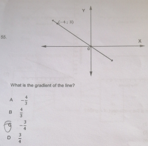 What is the gradient of the line?
A - 4/3 
B  4/3 
6 - 3/4 
D  3/4 