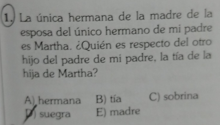 La única hermana de la madre de la
esposa del único hermano de mi padre
es Martha. ¿Quién es respecto del otro
hijo del padre de mi padre, la tía de la
hija de Martha?
A) hermana B) tía C) sobrina
P) suegra E) madre