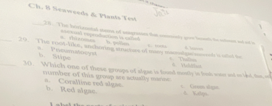 Ch. 8 Seaweeds & Plants Test
_28. The horizontal stems of seagrasses that commonly grow benuth the solimnt and aid is
asexual reproduction is called
a. rhizomes b. pollen c. roots d. leaves
_29. The root-like, anchoring structure of many macroalgae/senweeds is called the
a. Pneumatocyst
b. Stipe
c. Thallus
d. Holdfast
_30. Which one of these groups of algae is found mostly in fresh water and on land, than, on
number of this group are actually marine:
a. Coralline red algae. c. Green algac
b. Red algae. d. Kelps.