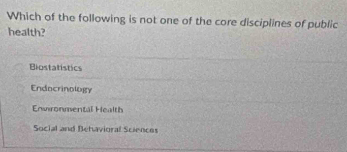 Which of the following is not one of the core disciplines of public
health?
Biostatistics
Endocrinalogy
Environmental Health
Social and Behavioral Sciences