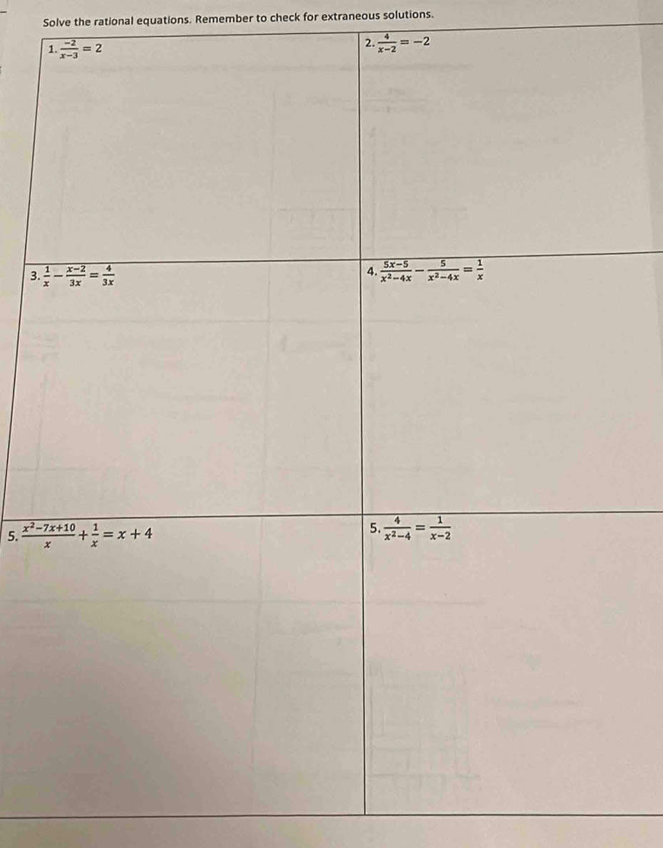 Solve the rational equations. Remember to check for extraneous solutions.
2. 
3. 
5.