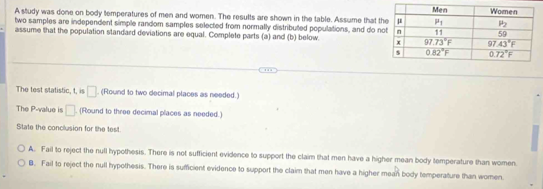 A study was done on body temperatures of men and women. The results are shown in the table. Assume that t
two samples are independent simple random samples selected from normally distributed populations, and do n
assume that the population standard deviations are equal. Complete parts (a) and (b) below. 
The test statistic, t, is □. (Round to two decimal places as needed.)
The P-value is □ . (Round to three decimal places as needed.)
State the conclusion for the test
A. Fail to reject the null hypothesis. There is not sufficient evidence to support the claim that men have a higher mean body temperature than women
B. Fail to reject the null hypothesis. There is sufficient evidence to support the claim that men have a higher mean body temperature than women.