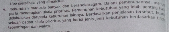 tipe sosialisasi yang dimaksud. 
4. Kebutuhan manusia banyak dan beranekaragam. Dalam pemenuhannya, manus 
perlu menetapkan skala prioritas. Pemenuhan kebutuhan yang lebih penting han 
didahulukan daripada kebutuhan lainnya. Berdasarkan penjelasan tersebut, buati 
sebuah bagan skala prioritas yang berisi jenis-jenis kebutuhan berdasarkan ting 
kepentingan dan waktu.