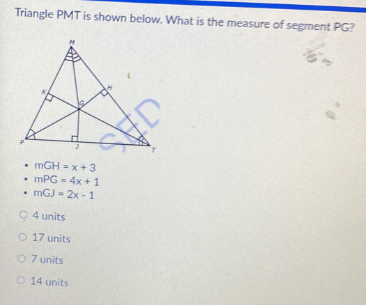 Solved: Triangle PMT is shown below. What is the measure of segment PG ...