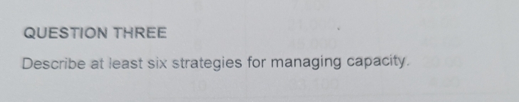 QUESTION THREE 
Describe at least six strategies for managing capacity.