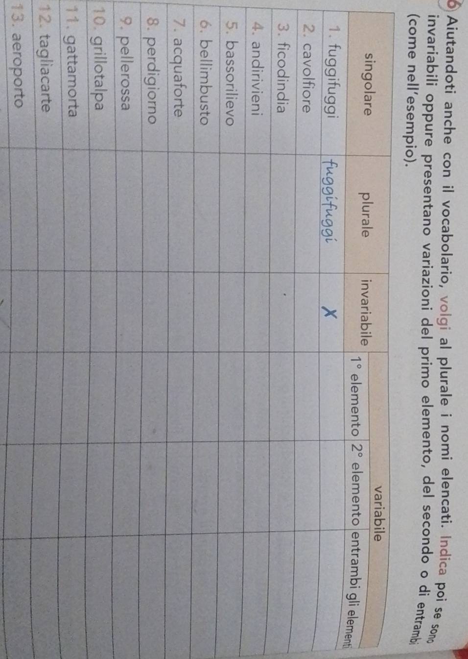 Aiutandoti anche con il vocabolario, volgi al plurale i nomi elencati. Indica poi se sono
invariabili oppure presentano variazioni del primo elemento, del secondo o di entrambi
(come nell’esempio).
nti
7
8
9
10
11
12
13. aeroporto
