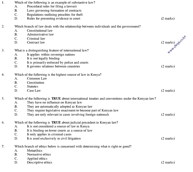 Solved: Which of the following is an example of substantive law? A ...