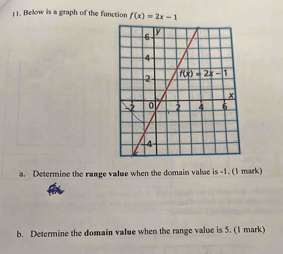 Below is a graph of the function f(x)=2x-1
a. Determine the range value when the domain value is -1. (1 mark)
b. Determine the domain value when the range value is 5. (1 mark)