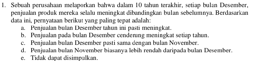 Sebuah perusahaan melaporkan bahwa dalam 10 tahun terakhir, setiap bulan Desember,
penjualan produk mereka selalu meningkat dibandingkan bulan sebelumnya. Berdasarkan
data ini, pernyataan berikut yang paling tepat adalah:
a. Penjualan bulan Desember tahun ini pasti meningkat.
b. Penjualan pada bulan Desember cenderung meningkat setiap tahun.
c. Penjualan bulan Desember pasti sama dengan bulan November.
d. Penjualan bulan November biasanya lebih rendah daripada bulan Desember.
e. Tidak dapat disimpulkan.