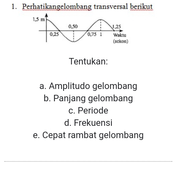 Perhatikangelombang transversal berikut 
Tentukan: 
a. Amplitudo gelombang 
b. Panjang gelombang 
c. Periode 
d. Frekuensi 
e. Cepat rambat gelombang 
_