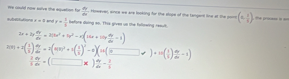 We could now solve the equation for  dy/dx . However, since we are looking for the slope of the tangent line at the point (0, 1/5 ) , the process is am
substitutions x=0 and y= 1/5  before doing so. This gives us the following result.
2x+2y dy/dx =2(8x^2+5y^2-x)(16x+10y dy/dx -1)
2(0)+2( 1/5 ) dy/dx =2(8(0)^2+5( 1/5 )^2-0)(16(□ vee )+10( 1/5 ) dy/dx -1)
 2/5  dy/dx =(□ * ) dy/dx - 2/5 