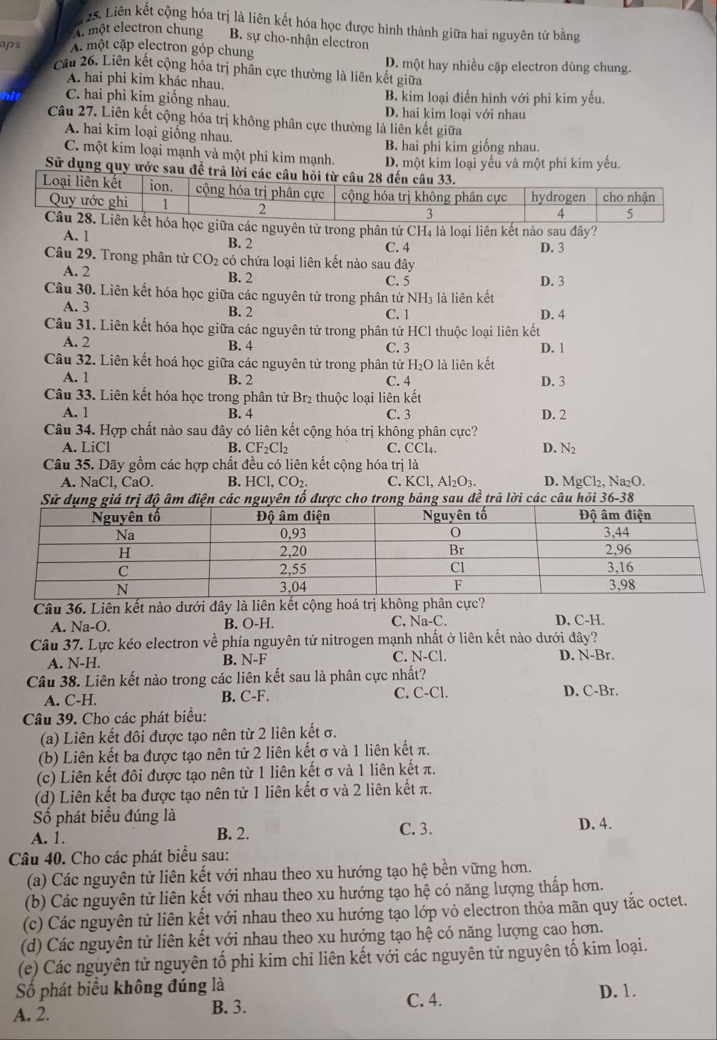 1 25. Liên kết cộng hóa trị là liên kết hóa học được hình thành giữa hai nguyên tử bằng
Al một electron chung B. sự cho-nhận electron
aps A. một cặp electron góp chung
D. một hay nhiều cặp electron dùng chung.
Câu 26. Liên kết cộng hóa trị phân cực thường là liên kết giữa
A. hai phi kim khác nhau.
C. hai phi kim giống nhau. B. kim loại điển hình với phi kim yếu.
D. hai kim loại với nhau
Câu 27. Liên kết cộng hóa trị không phân cực thường là liên kết giữa
A. hai kim loại giống nhau.
B. hai phỉ kim giống nhau.
C. một kim loại mạnh và một phi kim mạnh. D. một kim loại yếu và một phi kim yếu.
Sử dụng quy ước sau để t
các nguyên tử trong phân tử 6 CH 4 là loại liên kết nào sau đây?
A. 1
B. 2 C. 4 D. 3
Câu 29. Trong phân tử CO_2 có chứa loại liên kết nào sau đây
A. 2 B. 2 C. 5 D. 3
Câu 30. Liên kết hóa học giữa các nguyên từ trong phân tử NH₃ là liên kết
A. 3 B. 2 C. 1
D. 4
Câu 31. Liên kết hóa học giữa các nguyên tử trong phân tử HCl thuộc loại liên kết
A. 2 B. 4 C. 3 D. 1
Câu 32. Liên kết hoá học giữa các nguyên tử trong phân tử H_2O là liên kết
A. 1 B. 2 C. 4 D. 3
Câu 33. Liên kết hóa học trong phân tử Br_2 thuộc loại liên kết
A. 1 B. 4 C. 3 D. 2
Câu 34. Hợp chất nào sau đây có liên kết cộng hóa trị không phân cực?
A. LiCl B. CF_2Cl_2 C. CCl4. D. N_2
Câu 35. Dãy gồm các hợp chất đều có liên kết cộng hóa trị là
A. NaCl, CaO. B. HCl,CO_2. C. KCl, Al_2O_3. D. MgCl_2. Na₂O.
Sử dụng giá trị độ âm điện các nguyên tố được cho trong bảng sau đề trả lời các câu hỏi 36-38
Câu 36. Liên kết nào dưới đây là liên kết cộng hoá trị không phân cực?
A. Na-O. B. O-H. C. Na-C. D. C-H.
Câu 37. Lực kéo electron về phía nguyên tử nitrogen mạnh nhất ở liên kết nào dưới đây?
A. N-H. B. N-F C. N-Cl. D. N-Br.
Câu 38. Liên kết nào trong các liên kết sau là phân cực nhất?
A. C-H. B. C-F. C. C-Cl. D. C-Br.
Câu 39. Cho các phát biểu:
(a) Liên kết đôi được tạo nên từ 2 liên kết σ.
(b) Liên kết ba được tạo nên tử 2 liên kết σ và 1 liên kết π.
(c) Liên kết đôi được tạo nên từ 1 liên kết σ và 1 liên kết π.
(d) Liên kết ba được tạo nên tử 1 liên kết σ và 2 liên kết π.
Số phát biểu đúng là D. 4.
A. 1. B. 2. C. 3.
Câu 40. Cho các phát biểu sau:
(a) Các nguyên tử liên kết với nhau theo xu hướng tạo hệ bền vững hơn.
(b) Các nguyên tử liên kết với nhau theo xu hướng tạo hệ có năng lượng thấp hơn.
(c) Các nguyên tử liên kết với nhau theo xu hướng tạo lớp vỏ electron thỏa mãn quy tắc octet.
(d) Các nguyên tử liên kết với nhau theo xu hướng tạo hệ có năng lượng cao hơn.
(e) Các nguyên tử nguyên tổ phi kim chỉ liên kết với các nguyên tử nguyên tố kim loại.
Số phát biểu không đúng là D. 1.
A. 2. B. 3.
C. 4.