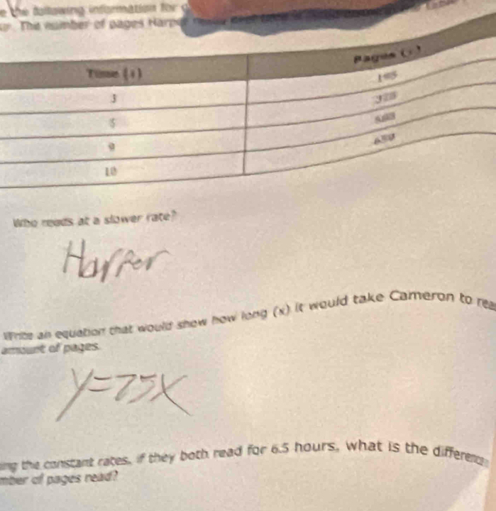 the fallowing information for o 

of pages Harper nessu deer tn 
Who reads at a slower rate? 
Wrice an equation that would show how long (x) it would take Cameron to rea 
amount of pages. 
ing the constant rates, if they both read for 6.5 hours, what is the differe 
mber of pagés read?