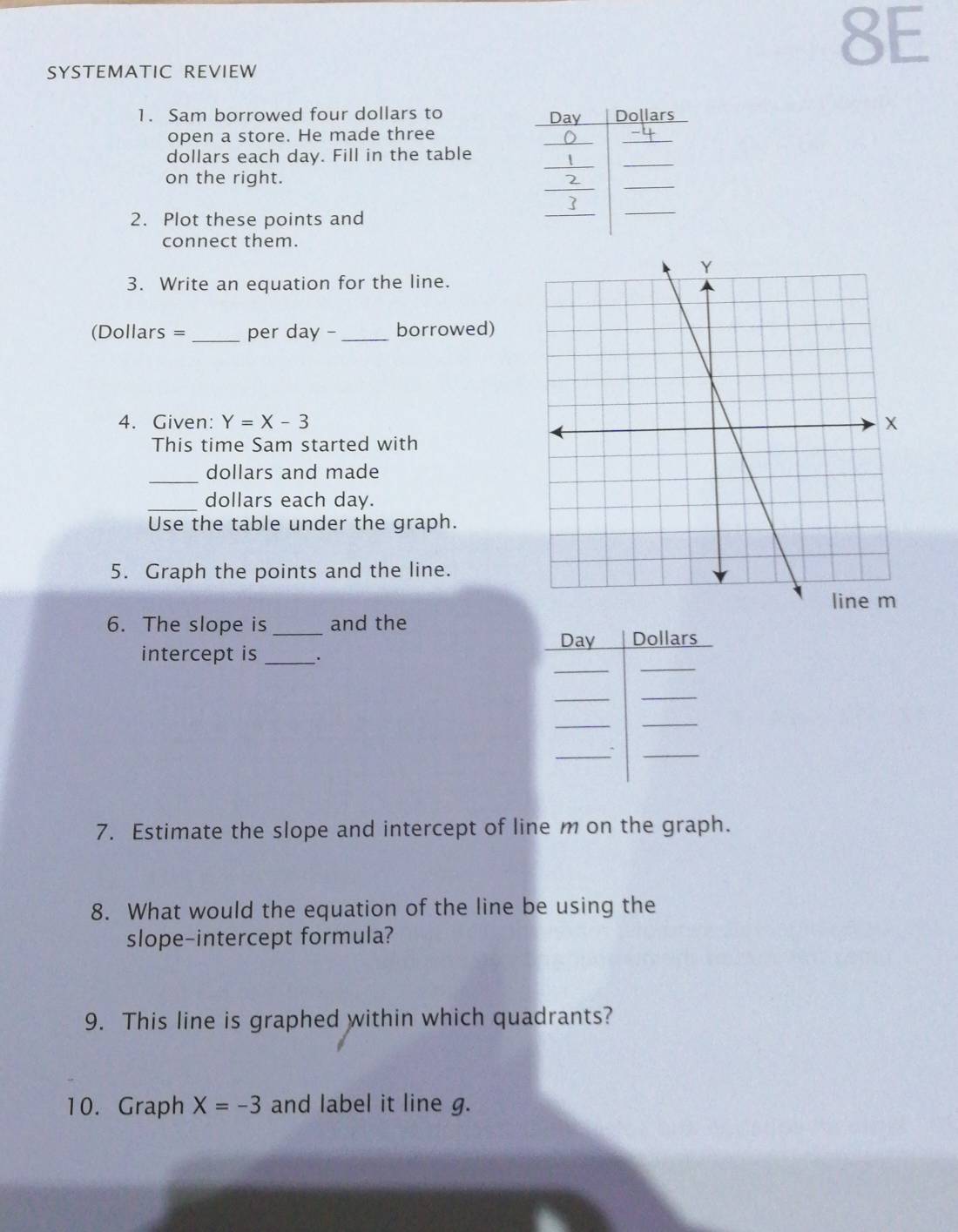 SYSTEMATIC REVIEW 
8E 
1. Sam borrowed four dollars to Day _ Dolla rs 
open a store. He made three 
__
dollars each day. Fill in the table 
on the right. 
_ 
2 
_ 
 
2. Plot these points and 
_ 
_ 
connect them. 
3. Write an equation for the line. 
(Dollars = _per day -_ borrowed) 
4. Given: Y=X-3
This time Sam started with 
_dollars and made 
_dollars each day. 
Use the table under the graph. 
5. Graph the points and the line. 
6. The slope is _and the
Day Dollars 
_ 
_ 
intercept is_ 
_ 
_ 
__ 
_ 
_ 
7. Estimate the slope and intercept of line m on the graph. 
8. What would the equation of the line be using the 
slope-intercept formula? 
9. This line is graphed within which quadrants? 
10. Graph X=-3 and label it line g.