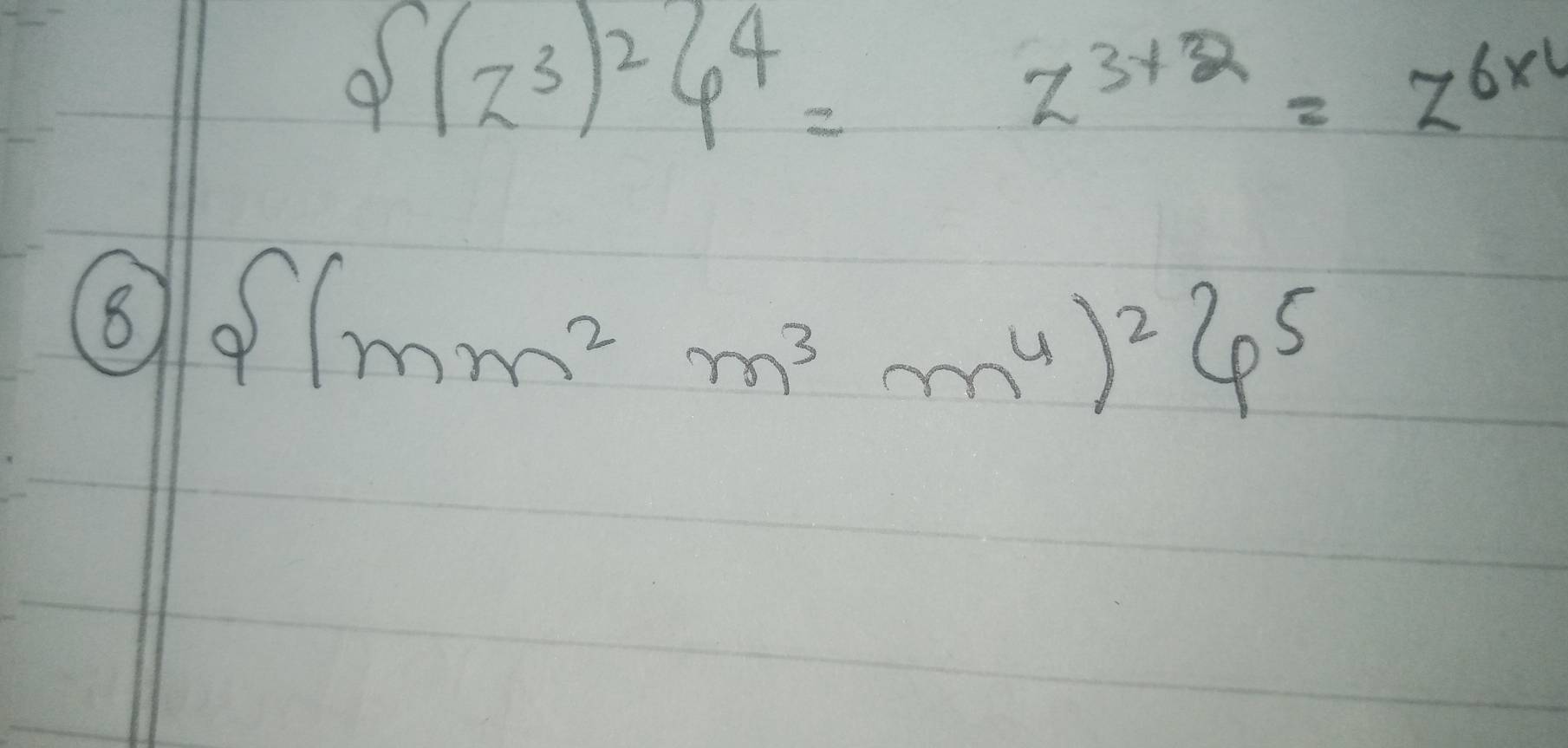 P(z^3)^26^4=z^(3* 2)=z^(6* 4)
(8)  (mm^2m^3m^4)^2 ^5