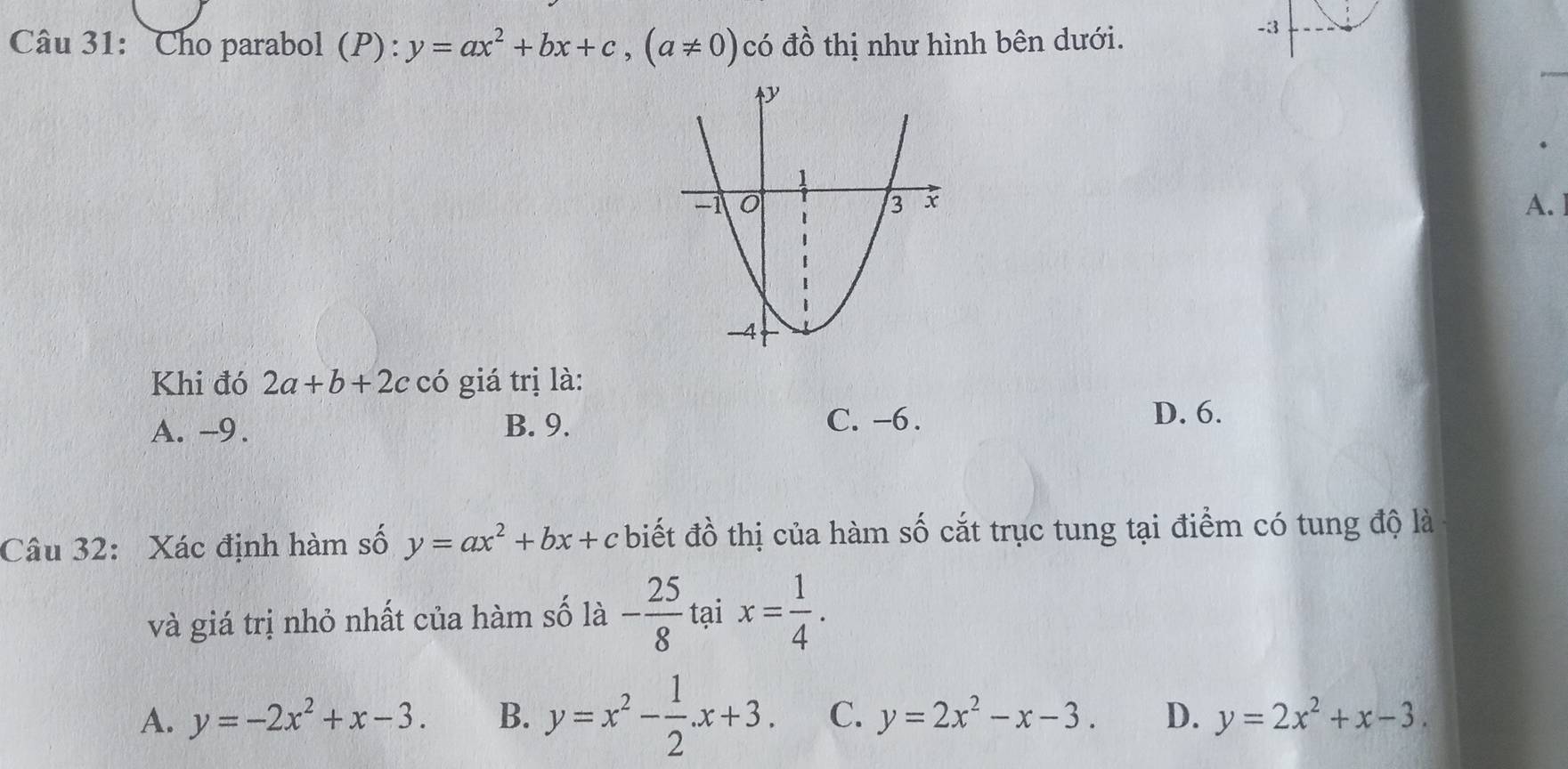 Cho parabol (P): y=ax^2+bx+c, (a!= 0) có đồ thị như hình bên dưới.
-3
A.
Khi đó 2a+b+2c có giá trị là:
A. -9. B. 9. C. -6.
D. 6.
Câu 32: Xác định hàm số y=ax^2+bx+c biết đồ thị của hàm số cắt trục tung tại điểm có tung độ là
và giá trị nhỏ nhất của hàm số là - 25/8  tại x= 1/4 .
A. y=-2x^2+x-3. B. y=x^2- 1/2 .x+3. C. y=2x^2-x-3. D. y=2x^2+x-3.