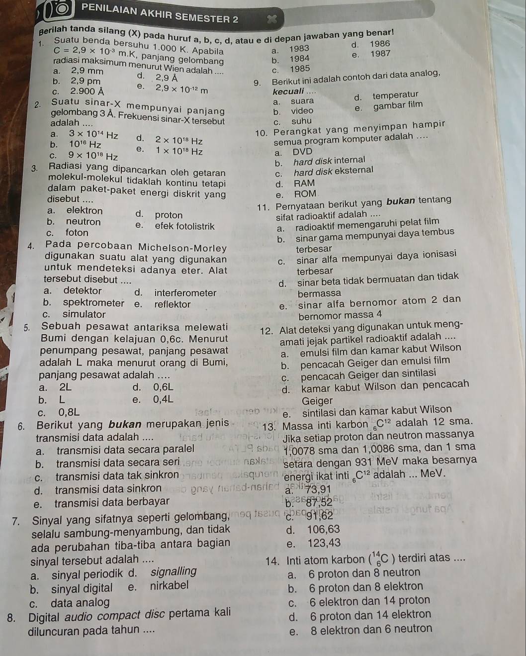 PENILAIAN AKHIR SEMESTER 2
Berilah tanda silang (X) pada huruf a, b, c. d. atau e di depan jawaban yang benar!
1. Suatu benda bersuhu 1.000 K. Apabila a. 1983
d. 1986
C=2,9* 10^(-3)m.K , panjang gelombang b. 1984 e. 1987
radiasi maksimum menurut Wien adalah .... c. 1985
a. 2,9 mm
d. 2,9 Å
b. 2,9 pm
c. 2.900 A e. 2,9* 10^(-12)m 9. Berikut ini adalah contoh dari data analog,
kecuali ....
a. suara d. temperatur
2. Suatu sinar-X mempunyai panjang b. video e. gambar film
gelombang 3 Å. Frekuensi sinar-X tersebut
adalah .... c. suhu
b. 10^(16)Hz d. 2* 10^(18)Hz 10. Perangkat yang menyimpan hampir
a. 3* 10^(14)Hz
C. 9* 10^(18)Hz e. 1* 10^(18)Hz semua program komputer adalah ....
a. DVD
b. hard disk internal
3. Radiasi yang dipancarkan oleh getaran c. hard disk eksternal
molekul-molekul tidaklah kontinu tetapi d. RAM
dalam paket-paket energi diskrit yang e. ROM
disebut ....
11. Pernyataan berikut yang bukan tentang
a. elektron d. proton
sifat radioaktif adalah ....
b. neutron e. efek fotolistrik
c. foton
a. radioaktif memengaruhi pelat film
b. sinar gama mempunyai daya tembus
4. Pada percobaan Michelson-Morley
terbesar
digunakan suatu alat yang digunakan
c. sinar alfa mempunyai daya ionisasi
untuk mendeteksi adanya eter. Alat terbesar
tersebut disebut ....
d. sinar beta tidak bermuatan dan tidak
a. detektor d. interferometer bermassa
b. spektrometer e. reflektor
c. simulator e. sinar alfa bernomor atom 2 dan
bernomor massa 4
5. Sebuah pesawat antariksa melewati 12. Alat deteksi yang digunakan untuk meng-
Bumi dengan kelajuan 0,6c. Menurut
penumpang pesawat, panjang pesawat amati jejak partikel radioaktif adalah ....
a. emulsi film dan kamar kabut Wilson
adalah L maka menurut orang di Bumi,
b. pencacah Geiger dan emulsi film
panjang pesawat adalah ....
a. 2L d. 0,6L c. pencacah Geiger dan sintilasi
b. L e. 0,4L d. kamar kabut Wilson dan pencacah
Geiger
c. 0,8L
e. sintilasi dan kamar kabut Wilson
6. Berikut yang bukan merupakan jenis 13. Massa inti karbon 。 C^(12) adalah 12 sma.
transmisi data adalah ....
Jika setiap proton dan neutron massanya
a. transmisi data secara paralel 1,0078 sma dan 1,0086 sma, dan 1 sma
b. transmisi data secara seri
setara dengan 931 MeV maka besarnya
c. transmisi data tak sinkron _6C^(12) adalah ... MeV.
energi ikat inti
d. transmisi data sinkron a. 73,91
e. transmisi data berbayar b. 87,52
7. Sinyal yang sifatnya seperti gelombang, c. 91,62
selalu sambung-menyambung, dan tidak d. 106,63
ada perubahan tiba-tiba antara bagian e. 123,43
sinyal tersebut adalah .... 14. Inti atom karbon (_6^(14)C) terdiri atas ....
a. sinyal periodik d. signalling
a. 6 proton dan 8 neutron
b. sinyal digital e. nirkabel
b. 6 proton dan 8 elektron
c. data analog c. 6 elektron dan 14 proton
8. Digital audio compact disc pertama kali
d. 6 proton dan 14 elektron
diluncuran pada tahun .... e. 8 elektron dan 6 neutron